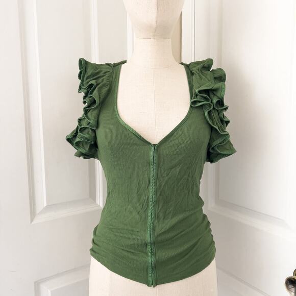 Robert Rodriguez Ruffle Fitted Racerback Tank Top Sleeveless Shirt XS Green - Picture 1 of 5